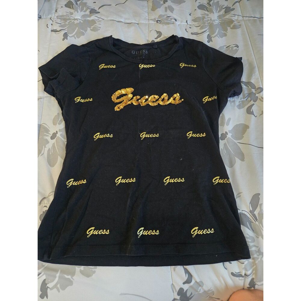Guess Girls Black Gold Sequin Logo T-Shirt Size L 12 Short Sleeve